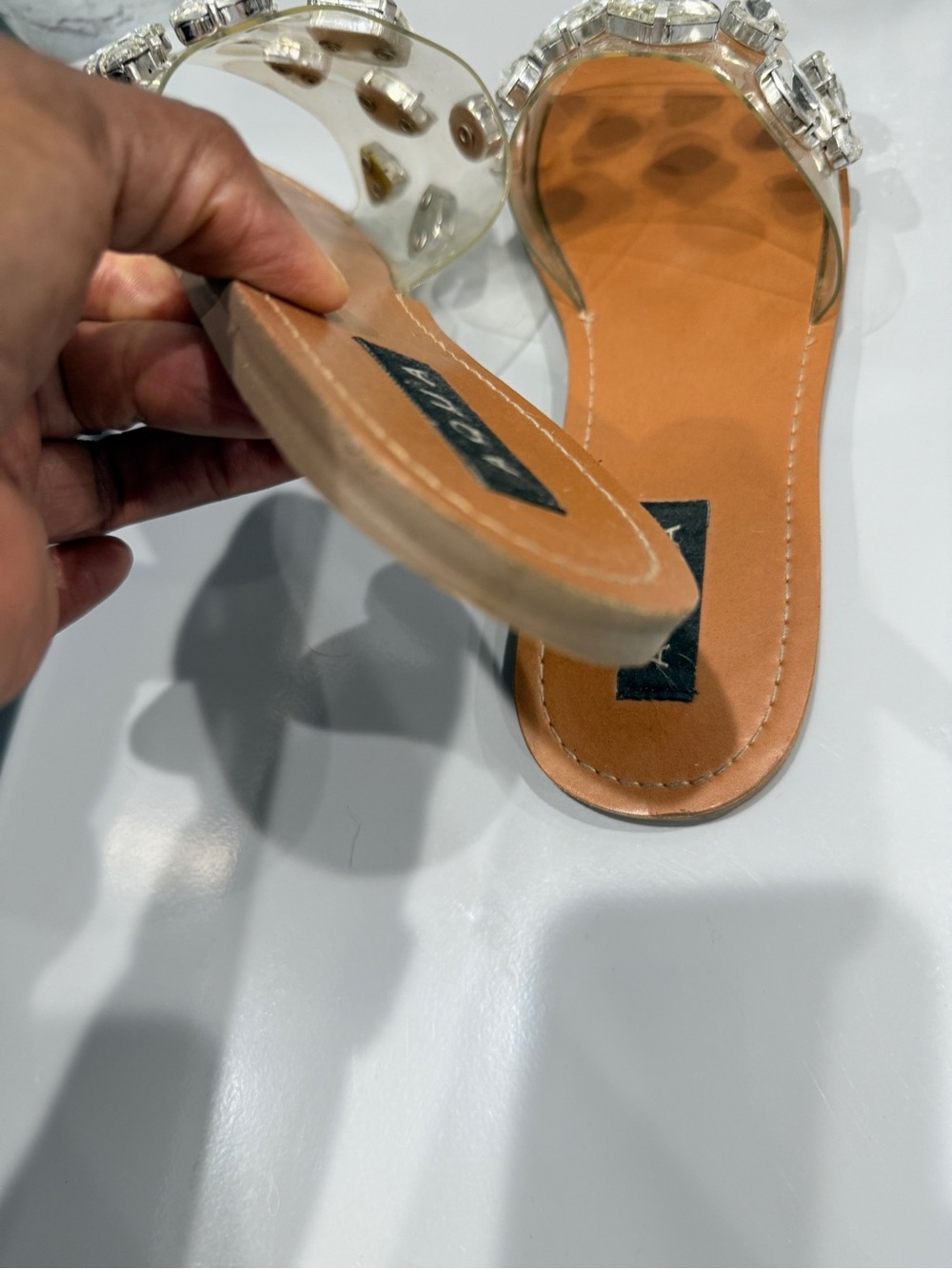 Aqua Clear Gem-Embellished Slide Sandals - Tan Footbed size 10 - Picture 11 of 12